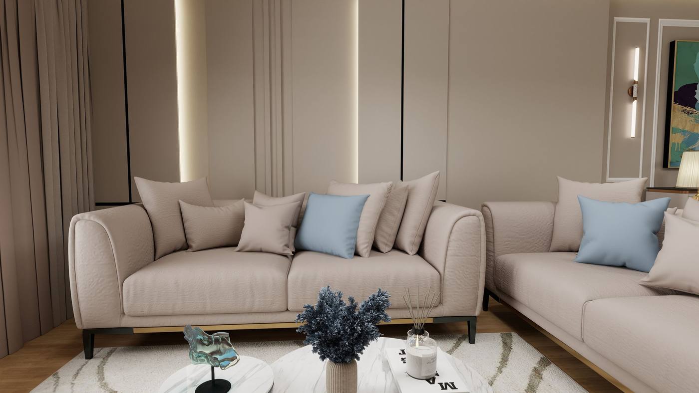 Bright living room with a beige sofa