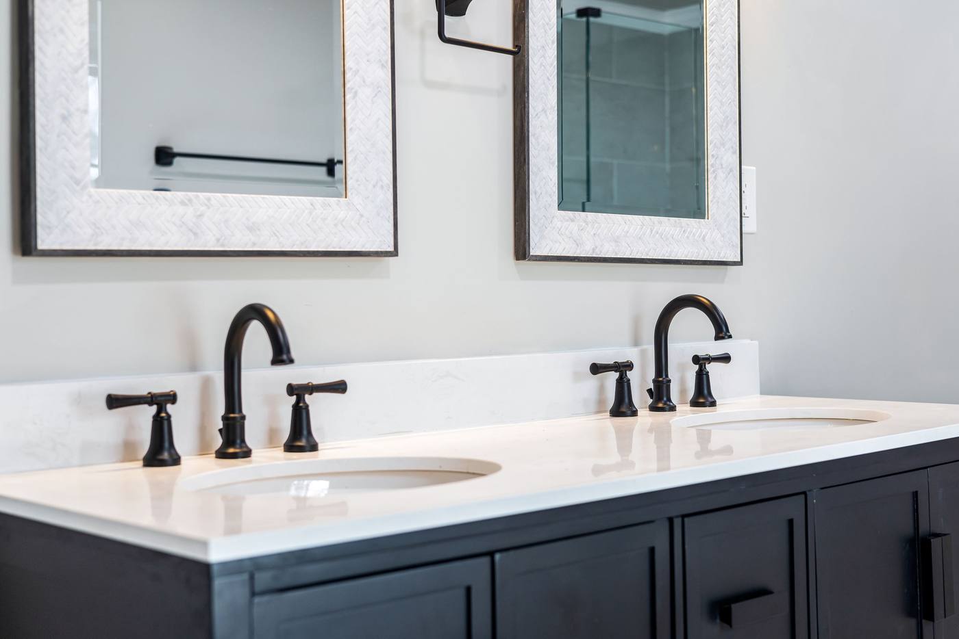 Finished bathroom vanity with two sinks