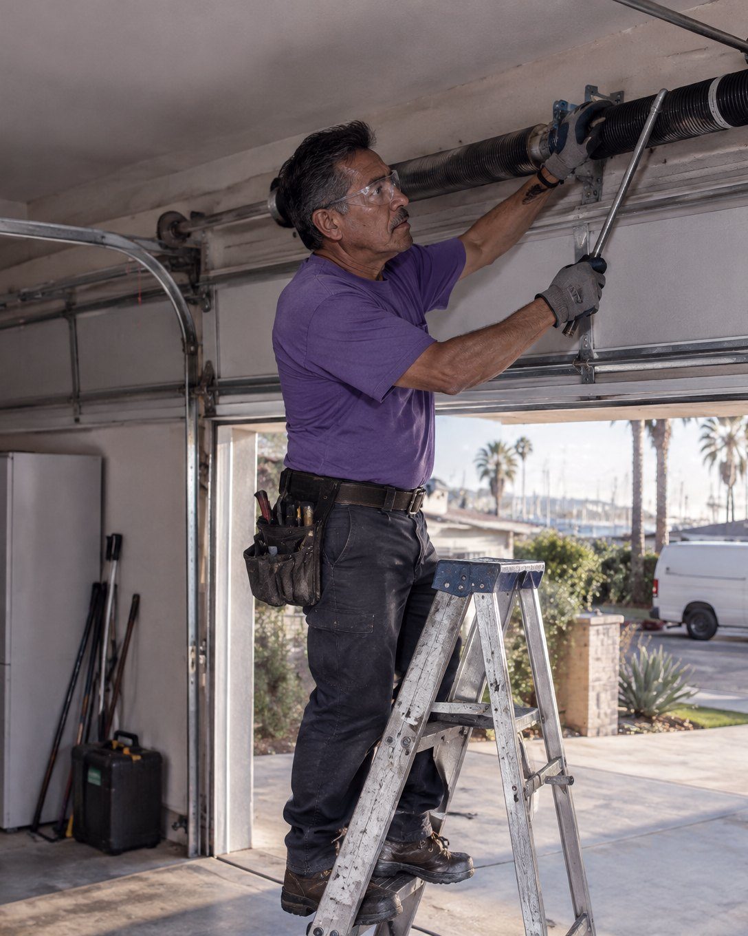 Garage door technician inside an open two-car garage adjusting the torsion spring above a sectional garage doo
