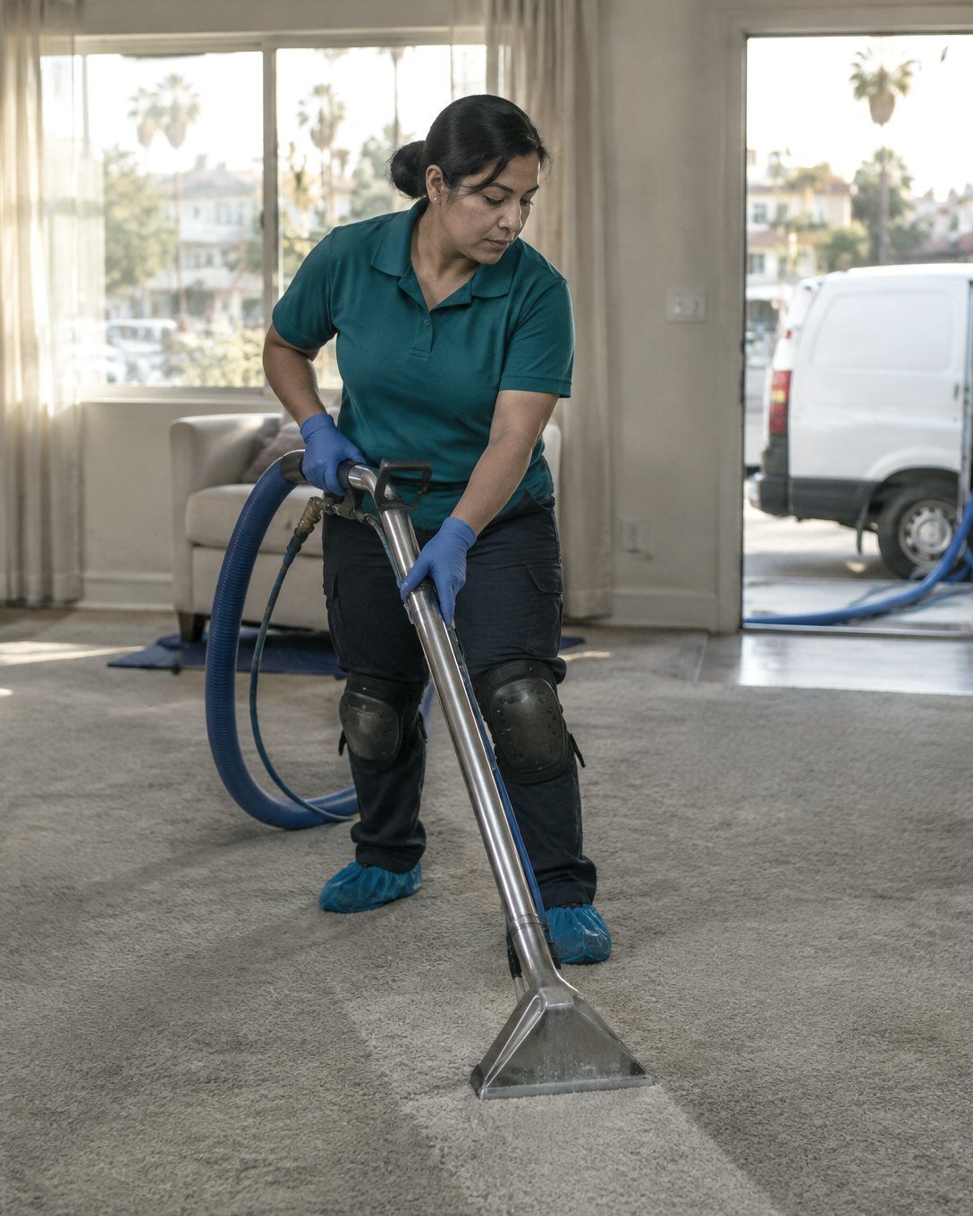 Carpet and upholstery cleaner in a bright Mid-City LA living room pulling a steam extraction wand across a wal