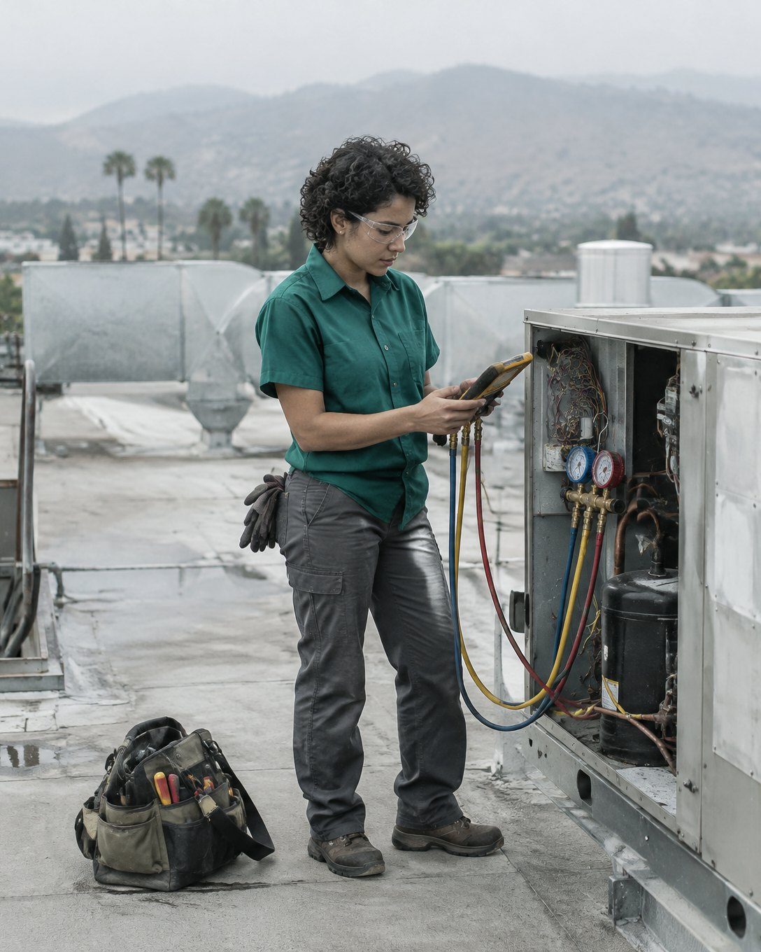 HVAC technician on a flat commercial rooftop beside a packaged rooftop unit with its access panel off