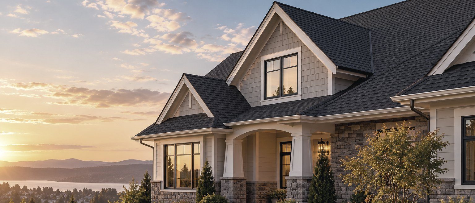 2 image, 1536x1024. Photorealistic, premium marketing photo for a residential roofing comp