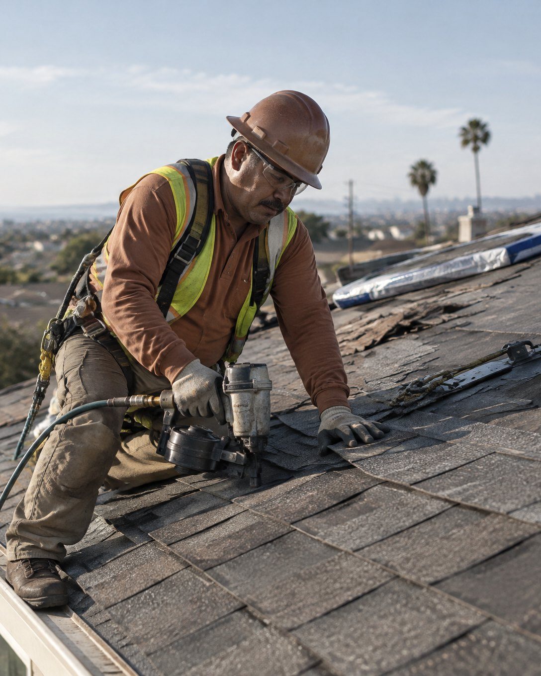 Roofer on the pitched roof of a South Bay stucco house