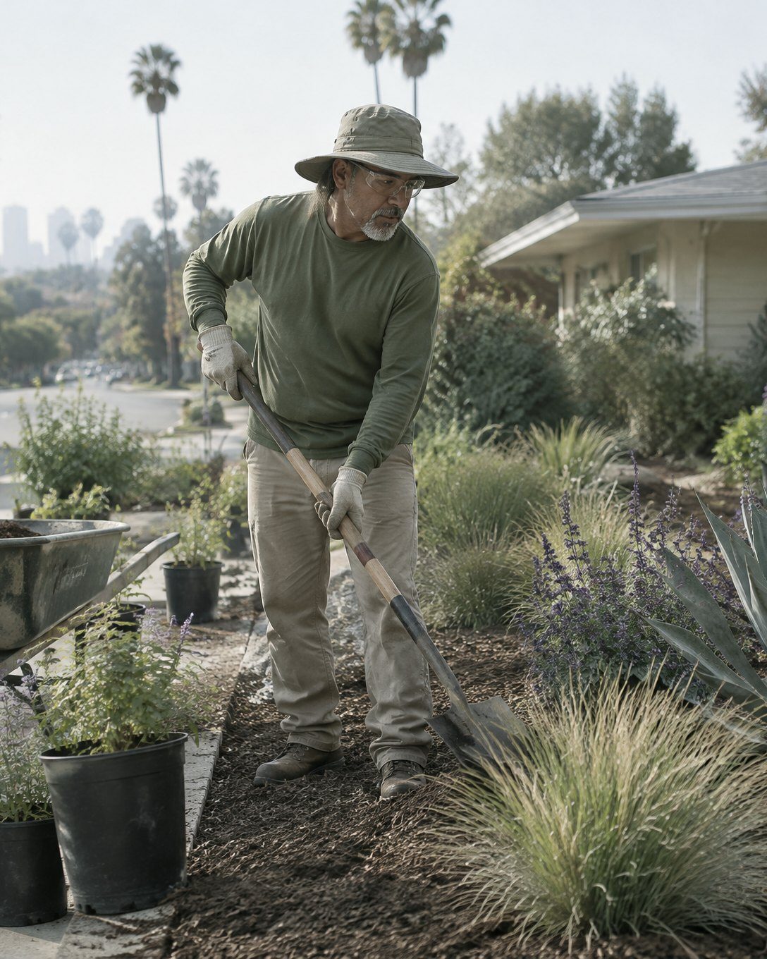 Landscaper in the front yard of a mid-century LA house