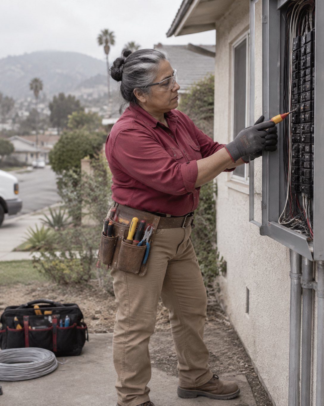 Electrician at an open residential electrical panel on the stucco side wall of an LA house