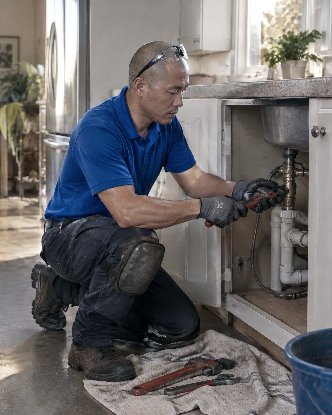 Plumber kneeling at an open kitchen sink cabinet in a lived-in LA home